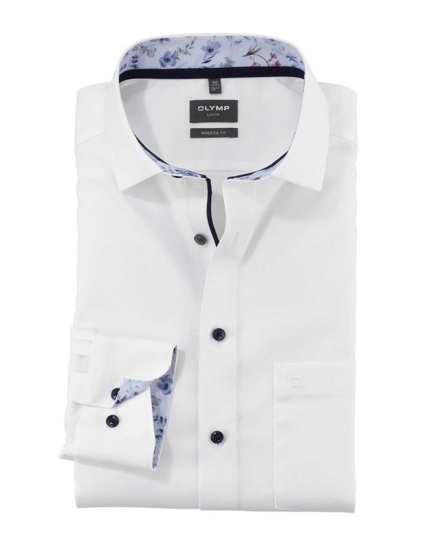 Front view of Olymp Luxor Modern Fit shirt 12067400 in white with contrasting collar.
