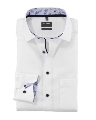 Front view of Olymp Luxor Modern Fit shirt 12067400 in white with contrasting collar.
