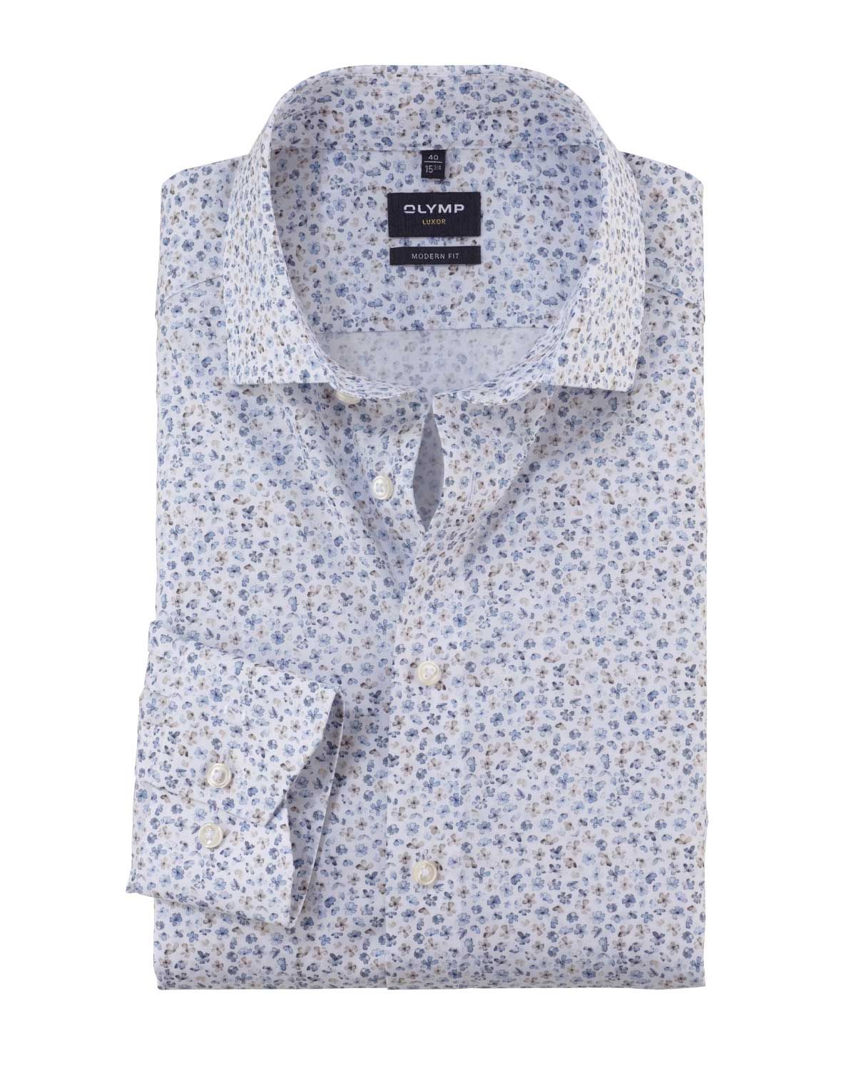 Front view of Olymp Luxor Modern Fit shirt 12967400 in white with floral pattern.