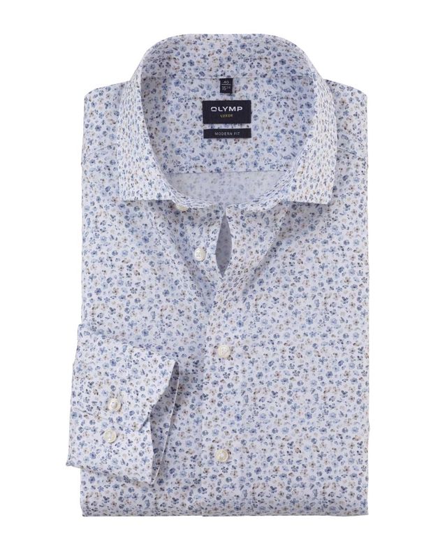 Front view of Olymp Luxor Modern Fit shirt 12967400 in white with floral pattern.