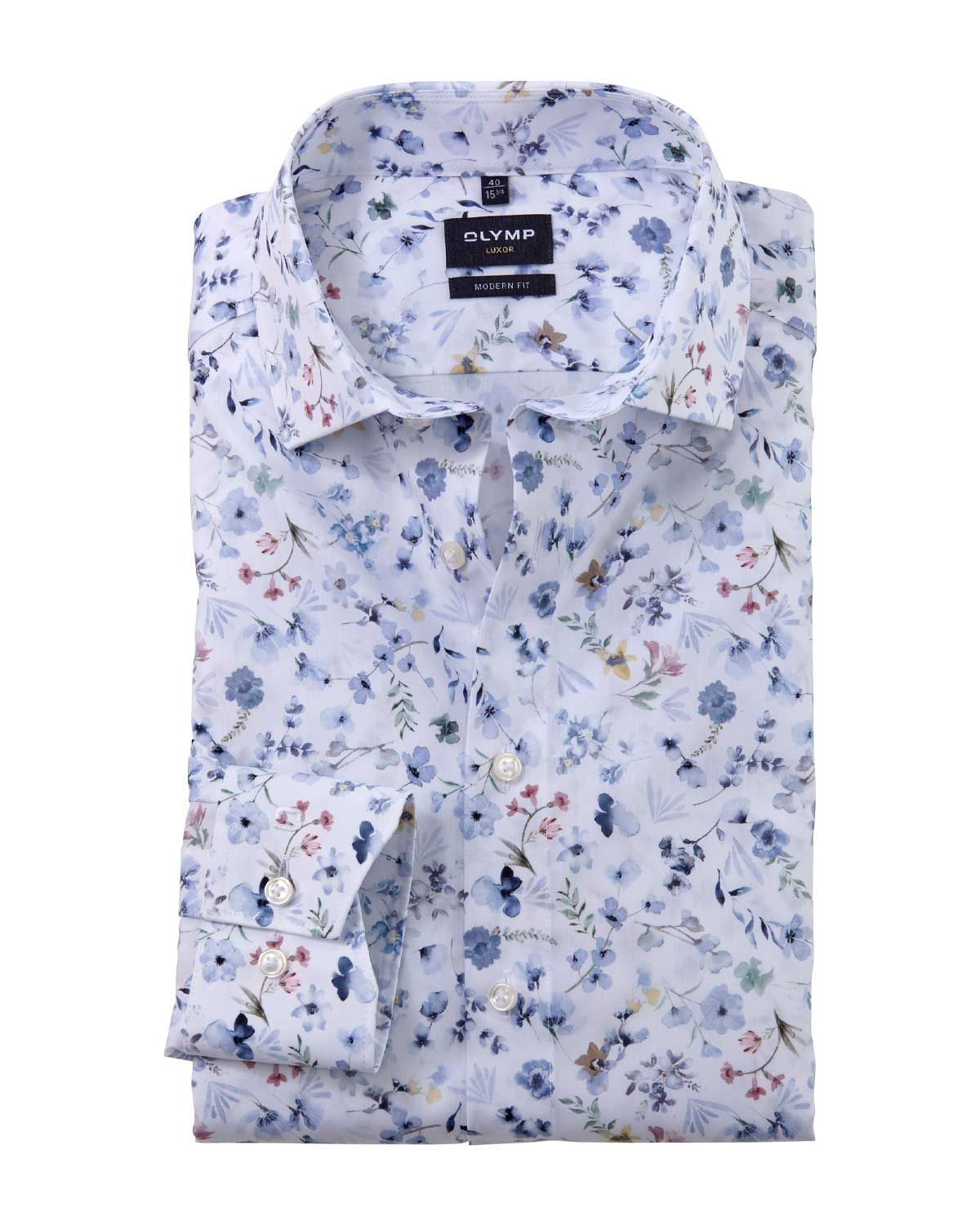 Front view of Olymp Luxor Modern Fit shirt 12567400 in white with floral pattern.
