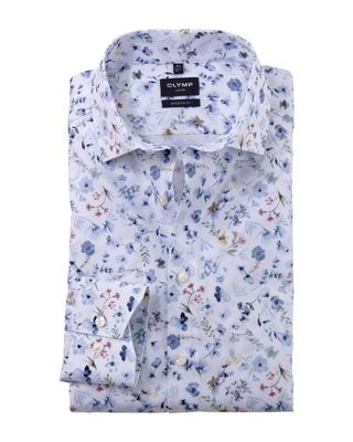 Front view of Olymp Luxor Modern Fit shirt 12567400 in white with floral pattern.

