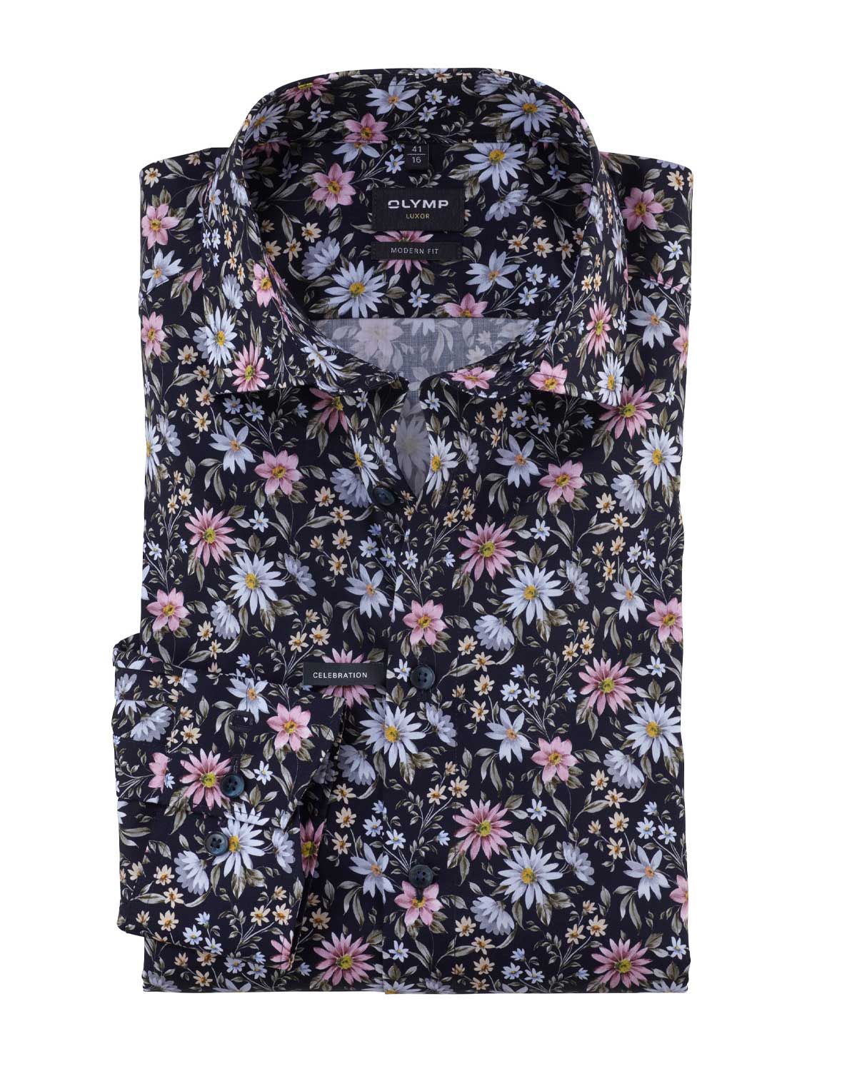 Front view of Olymp Luxor Modern Fit shirt 12227418 in navy blue with floral pattern.
