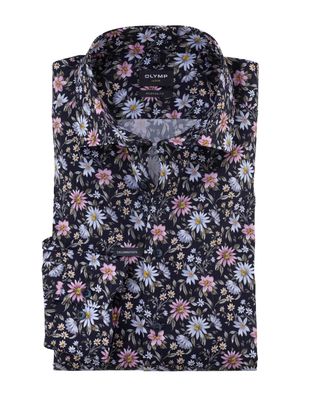 Front view of Olymp Luxor Modern Fit shirt 12227418 in navy blue with floral pattern.
