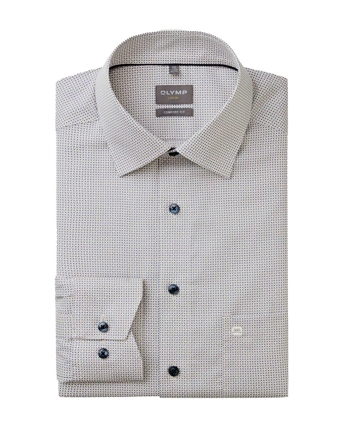 Front view of the Olymp Luxor comfort fit shirt with a minimalist print in natural tones.