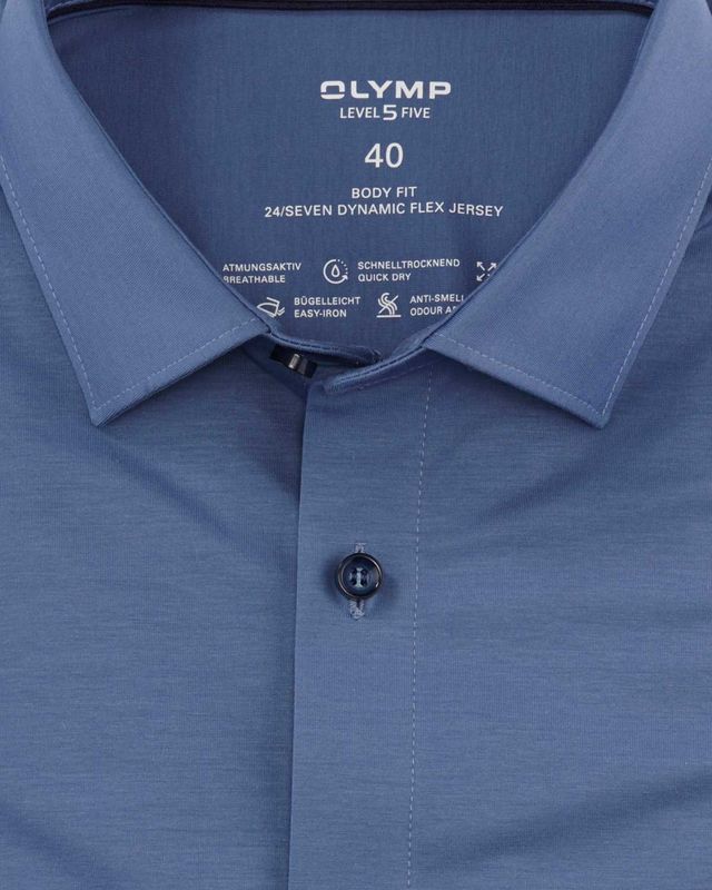 Olymp Level Five 24/Seven body fit shirt steel blue – collar detail