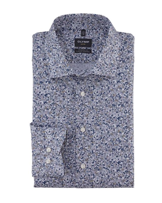 Olymp Luxor modern fit shirt with blue floral pattern and Global Kent collar