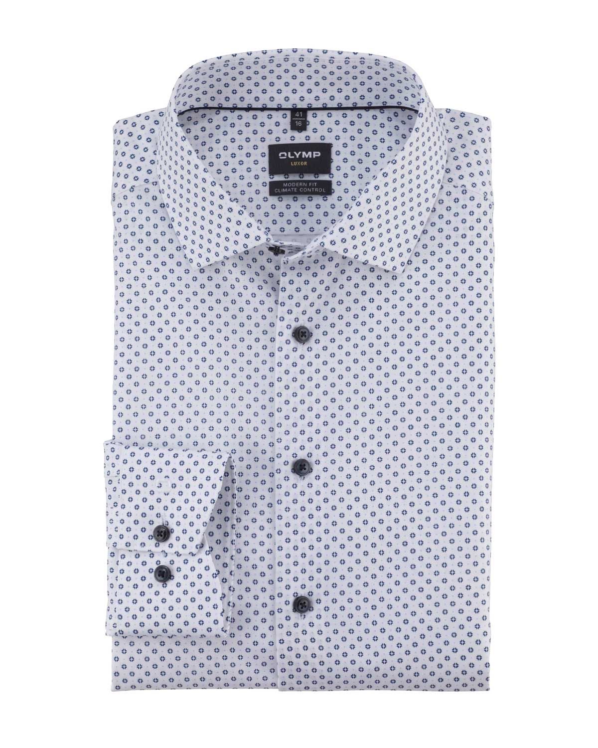Olymp Luxor Modern Fit shirt 13247400 - White with blue print, wrinkle-free and breathable.