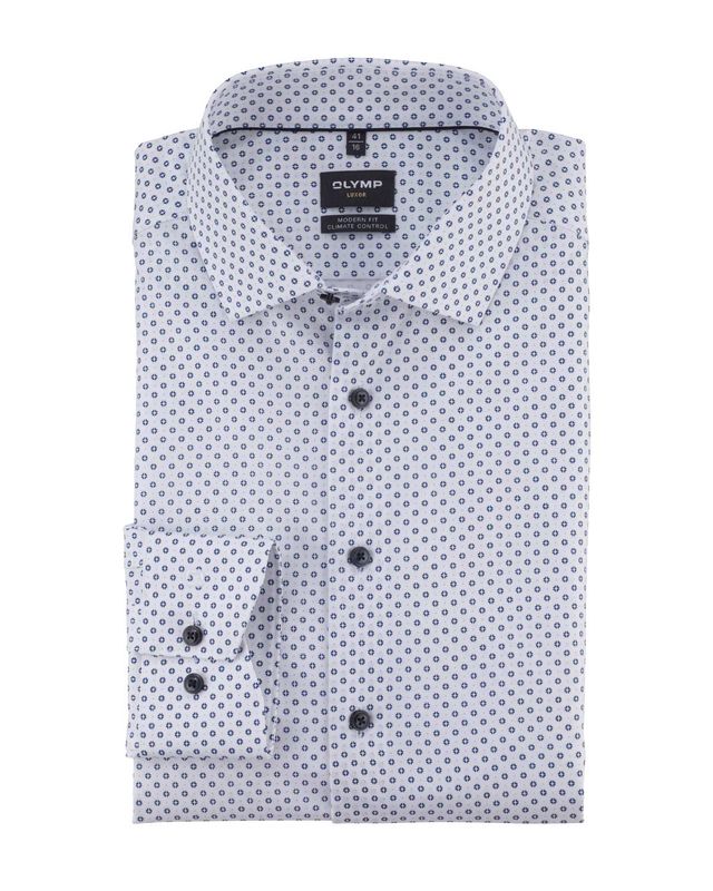 Olymp Luxor Modern Fit shirt 13247400 - White with blue print, wrinkle-free and breathable.