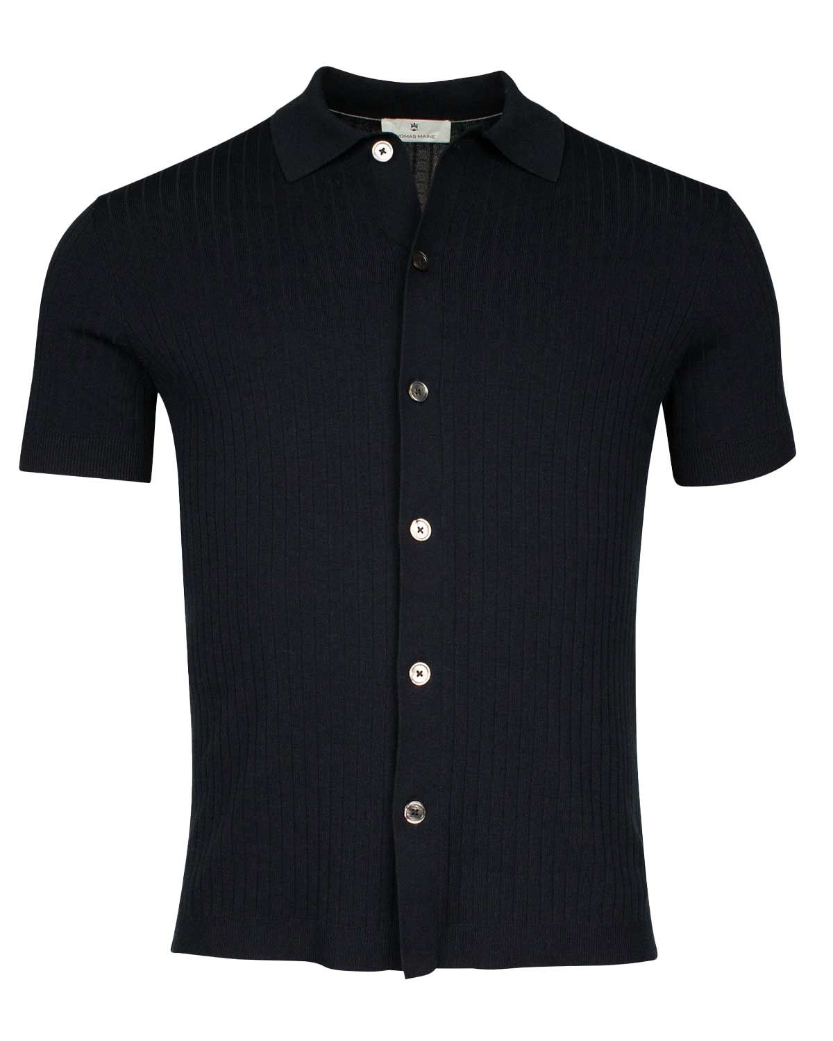 Donkerblauw Thomas Maine poloshirt met korte mouw en knoopsluiting in ribgebreid materiaal