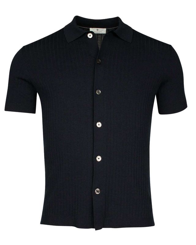 Donkerblauw Thomas Maine poloshirt met korte mouw en knoopsluiting in ribgebreid materiaal