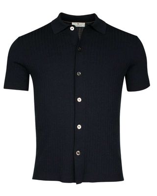 Donkerblauw Thomas Maine poloshirt met korte mouw en knoopsluiting in ribgebreid materiaal