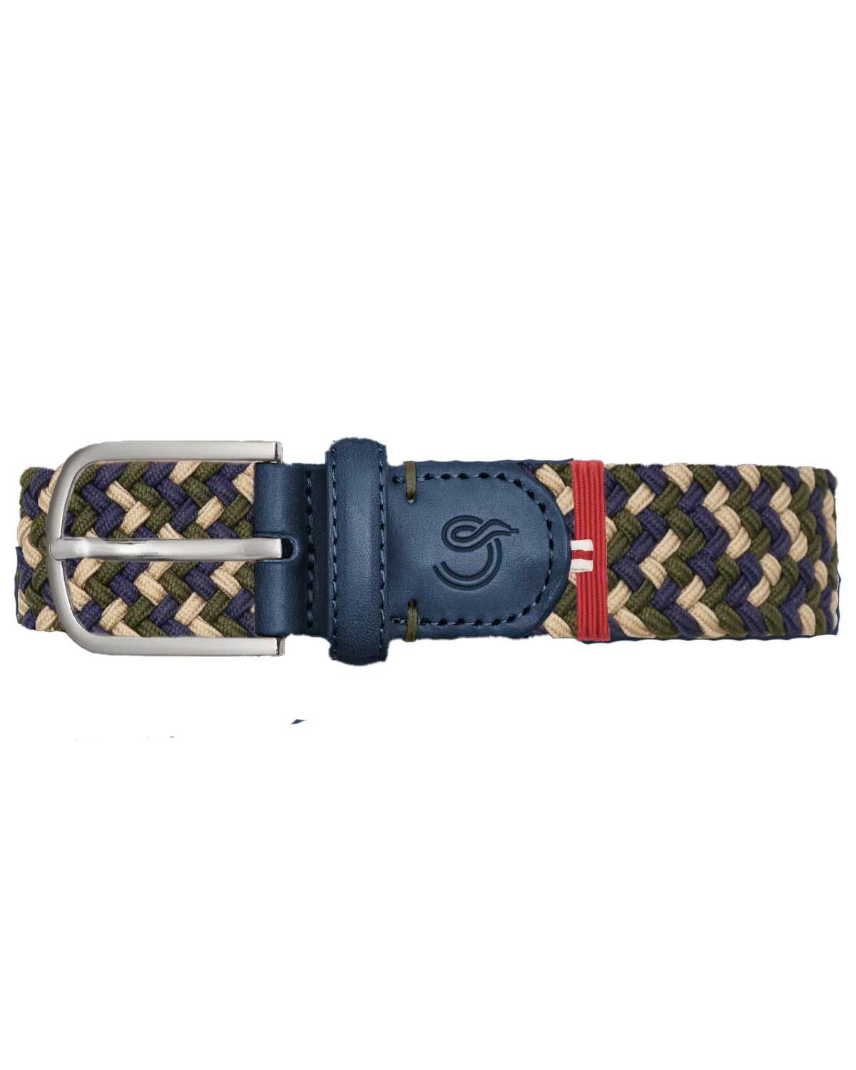 La Boucle Biarritz riem in blauw, groen en beige – gevlochten stretchriem met donkerblauw leer en nikkelvrije gesp