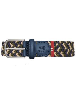 La Boucle Biarritz riem in blauw, groen en beige – gevlochten stretchriem met donkerblauw leer en nikkelvrije gesp