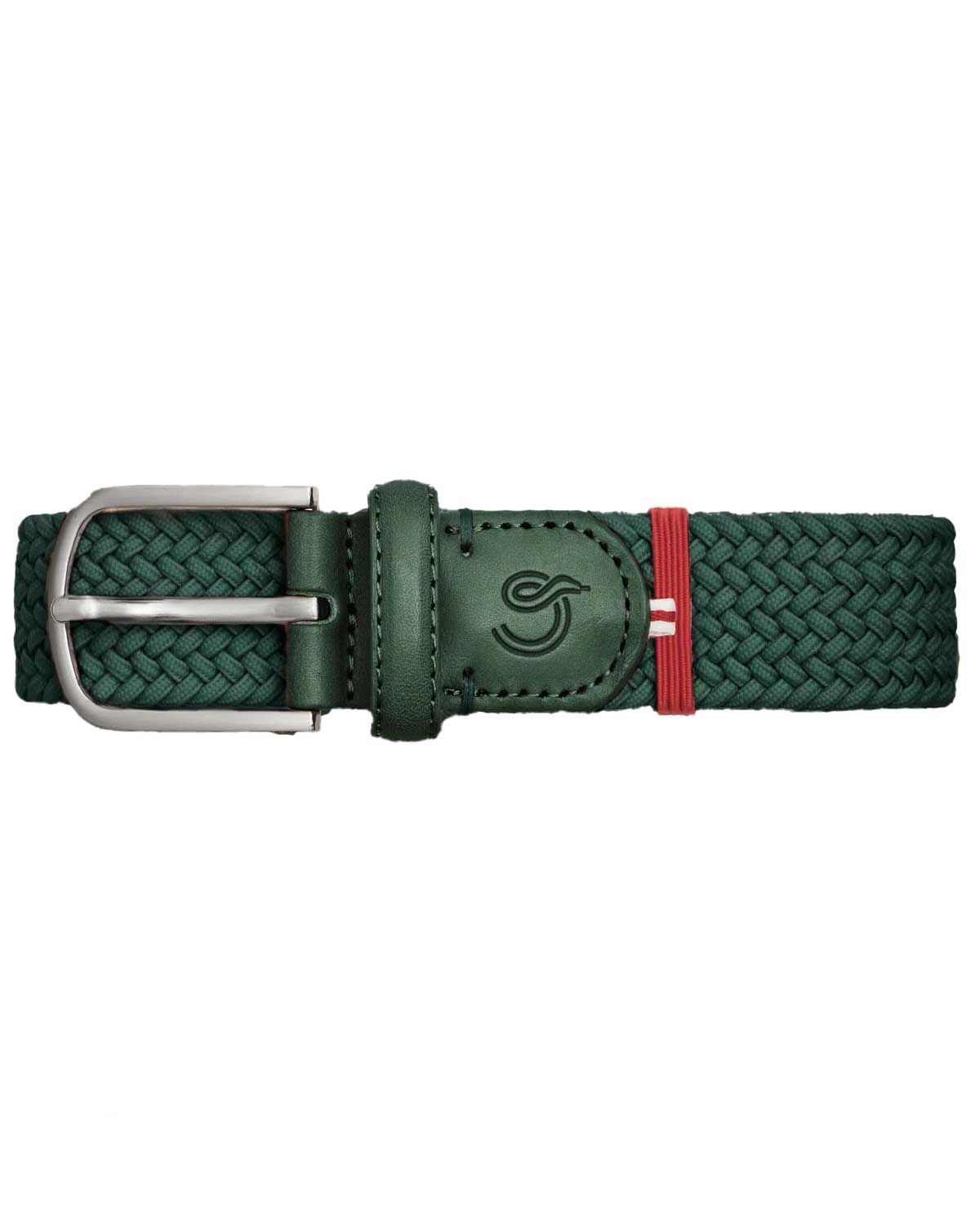Close-up van de La Boucle Bocconi riem in donkergroen met leren gespdetail