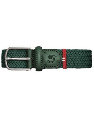 Close-up van de La Boucle Bocconi riem in donkergroen met leren gespdetail