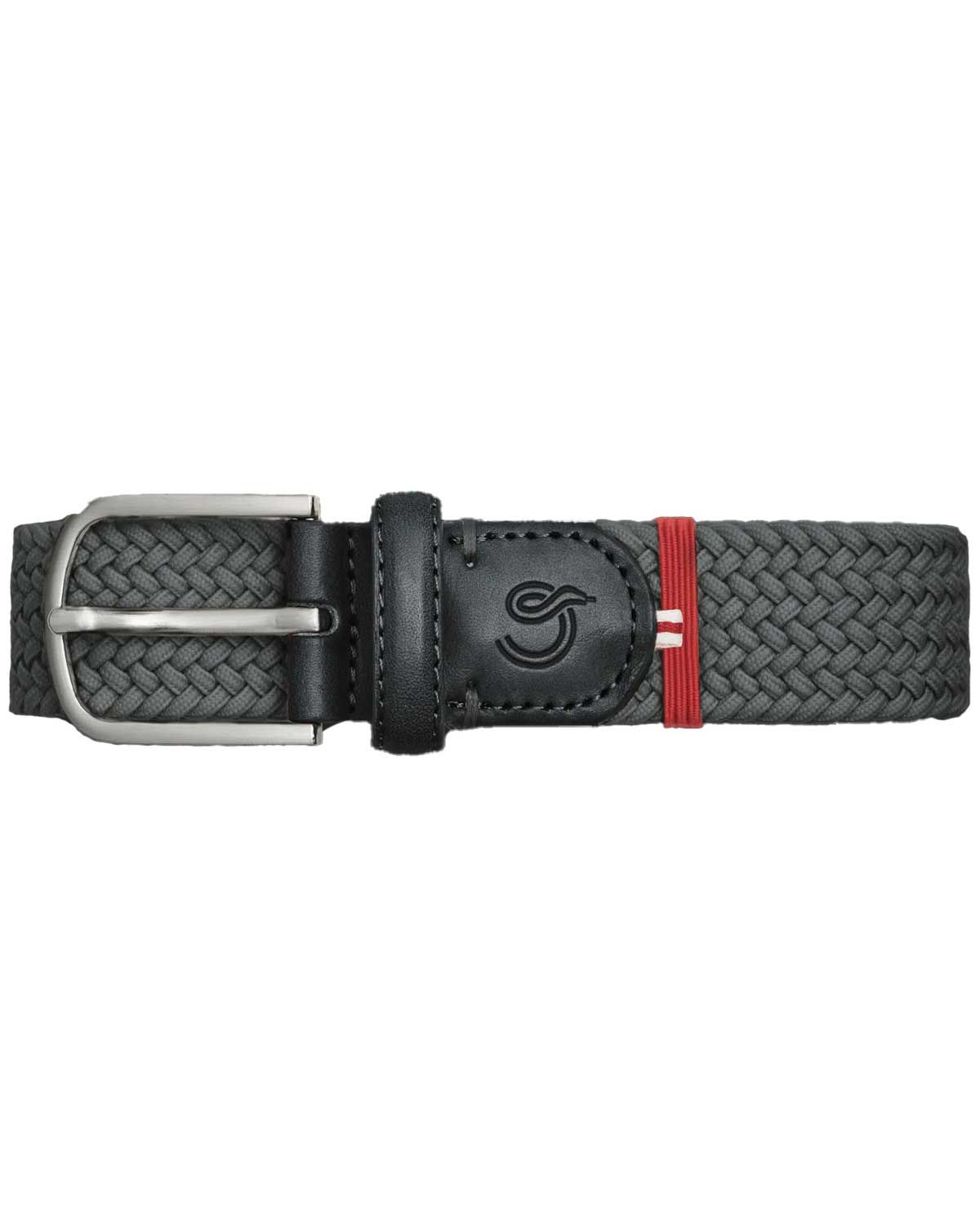 Close-up van La Boucle Harvard riem in antracietgrijs met zwarte leren