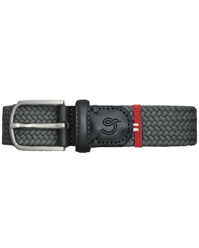 Close-up van La Boucle Harvard riem in antracietgrijs met zwarte leren