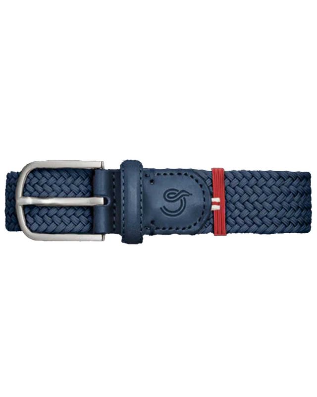 La Boucle Paris navy blauwe stretchriem – close-up van gesp en vlechtwerk