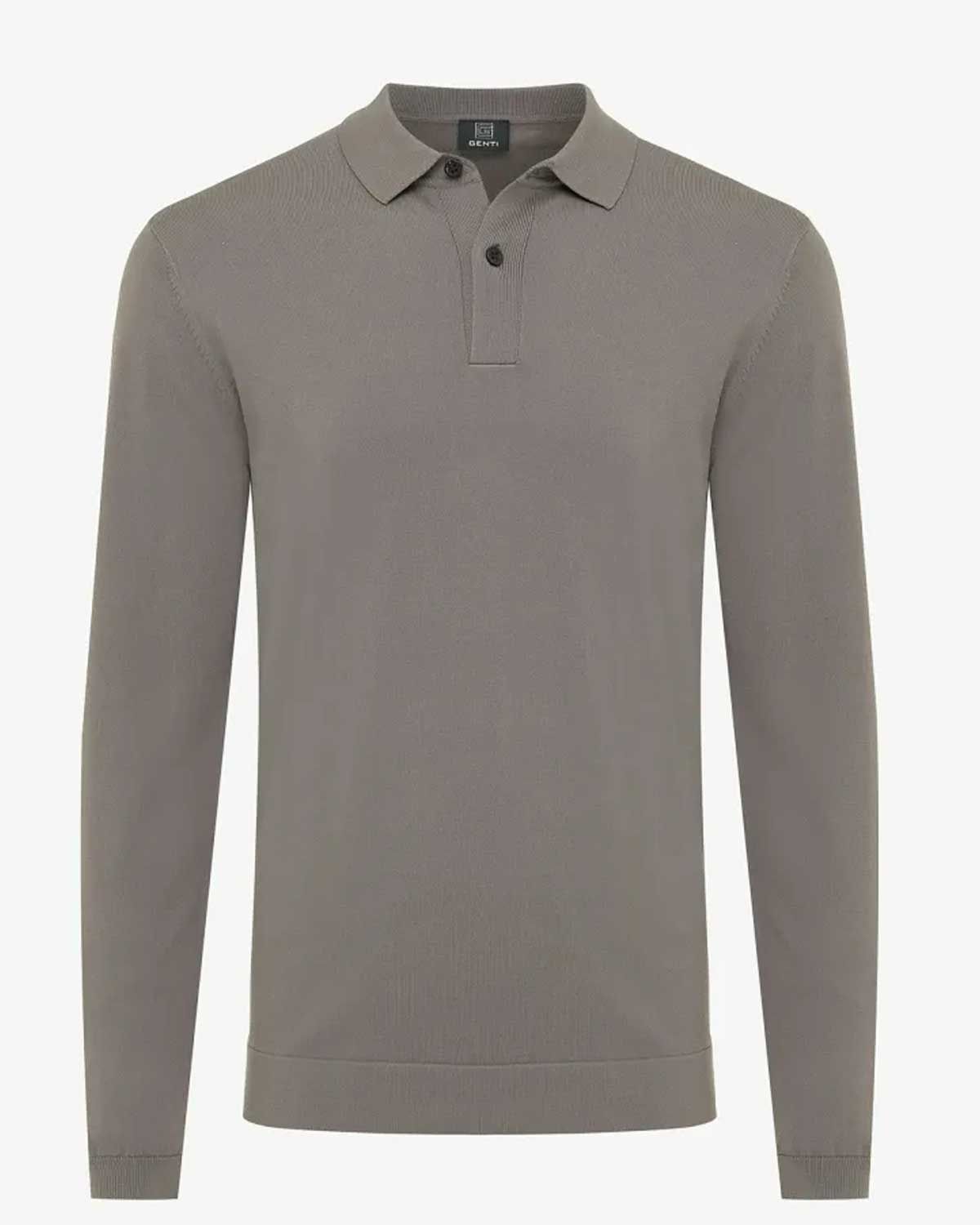 Taupekleurige Genti polo met lange mouw en klassieke kraag, vooraanzicht