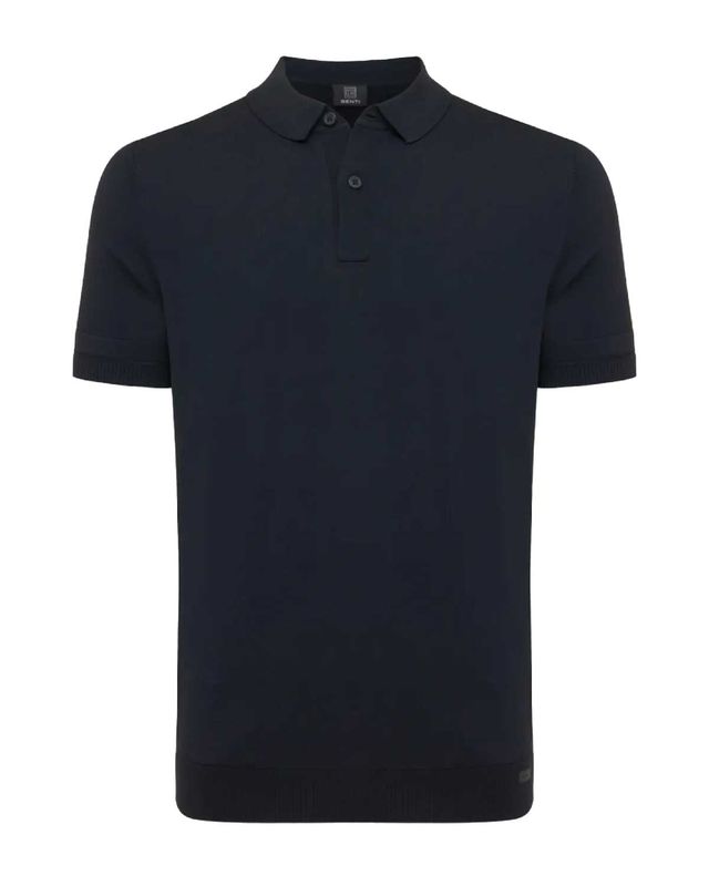 Donkerblauwe Genti polo met korte mouw en klassieke 2-button kraag, vooraanzicht