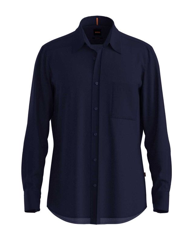 Donkerblauw linnen overhemd van Hugo Boss met lange mouwen en Kent boord