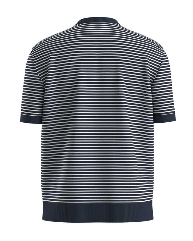 Luxe streept-shirt van Hugo Boss in blauw-wit, met relaxed fit en logopatch gezien van de achterkant.