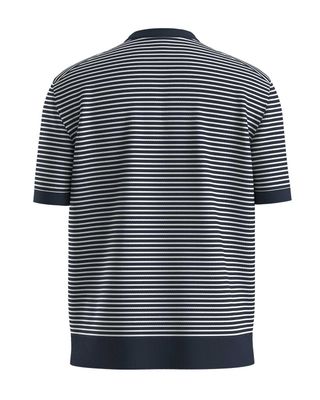 Luxe streept-shirt van Hugo Boss in blauw-wit, met relaxed fit en logopatch gezien van de achterkant.