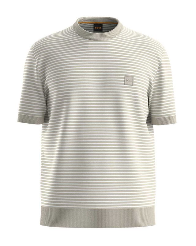 Luxe streept-shirt van Hugo Boss in beige-off-white, met logopatch en ontspannen pasvorm.