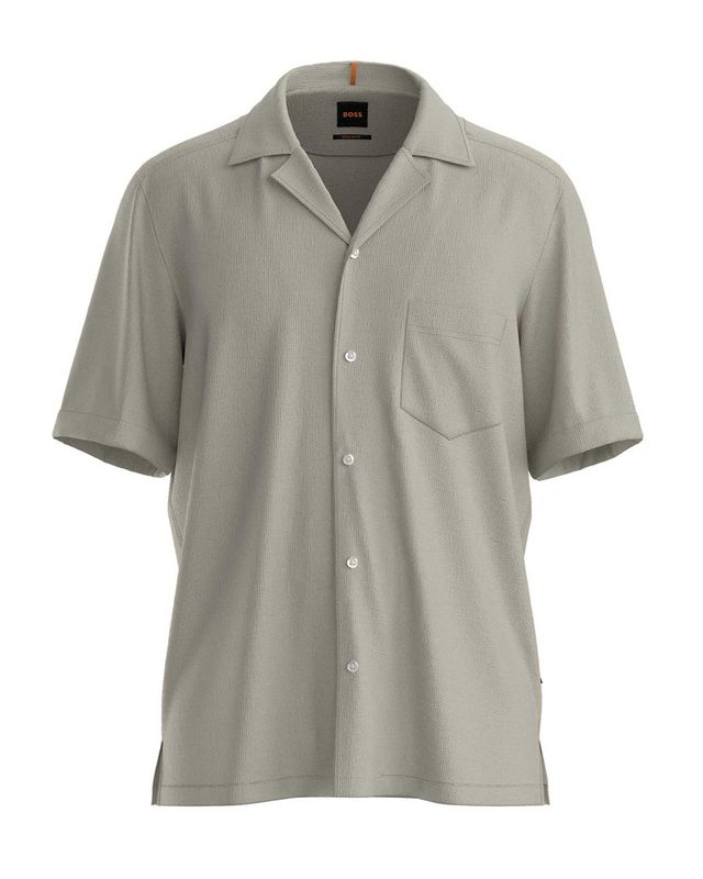 Licht beige Hugo Boss Rayer_M shirt met camp collar en borstzak, regular fit.