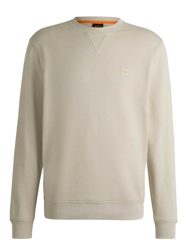 Beige katoenen pullover van Hugo Boss met logopatch en regular fit.