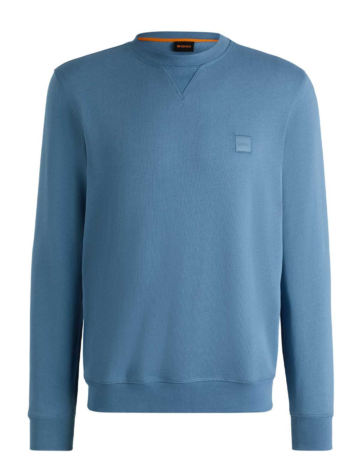 Middenblauwe katoenen pullover van Hugo Boss met ronde hals en logopatch.