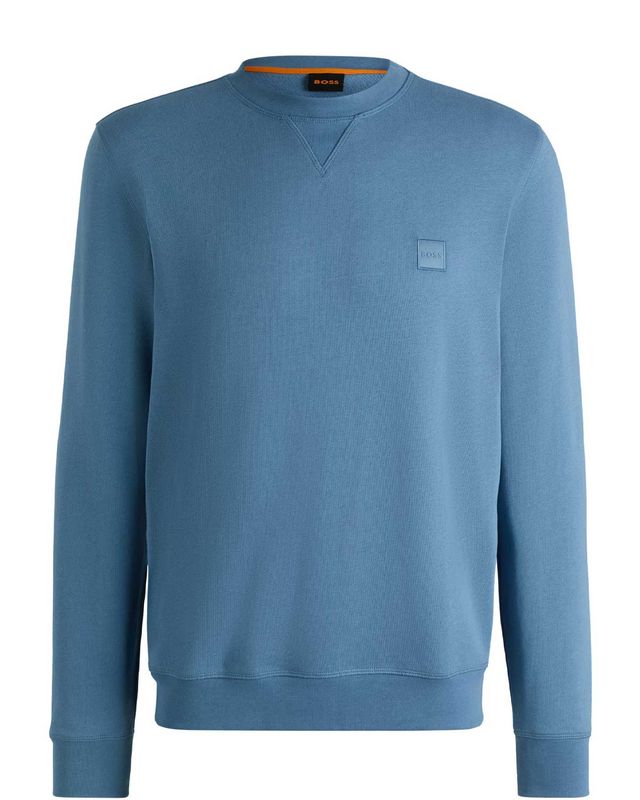 Middenblauwe katoenen pullover van Hugo Boss met ronde hals en logopatch.