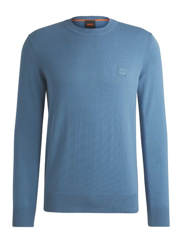 Middenblauwe Hugo Boss pullover 50527583 van katoen-kasjmier met logo patch
