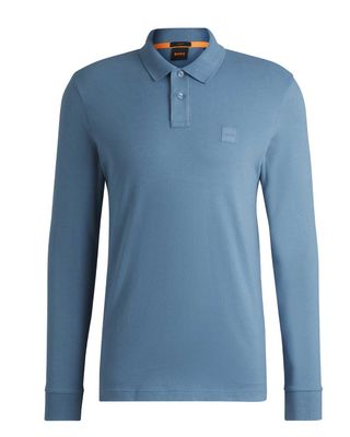 Middenblauwe Hugo Boss Passerby polo met lange mouw in stretch piqué

