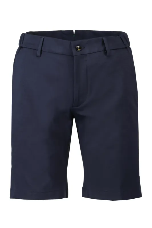 Navy jersey bermuda van Berwich, voorkant met knoopsluiting en riemlussen