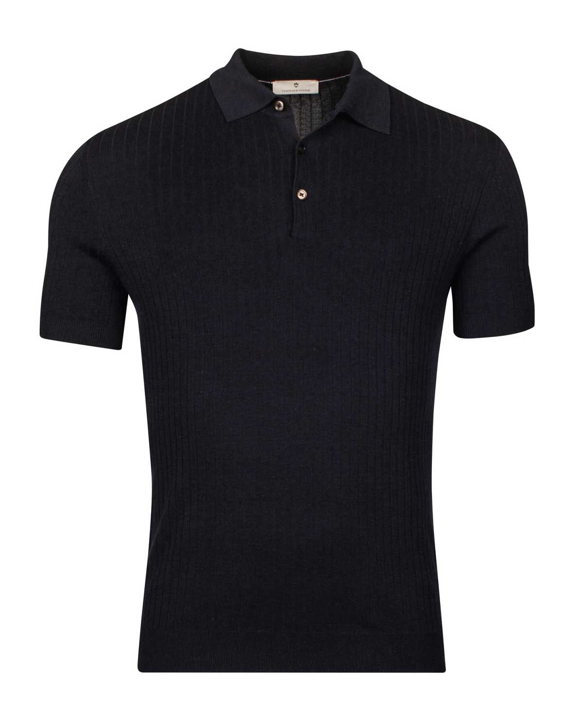 Navy poloshirt met korte mouw van Thomas Maine, ribstructuur en knoopsluiting