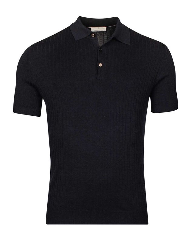 Navy poloshirt met korte mouw van Thomas Maine, ribstructuur en knoopsluiting