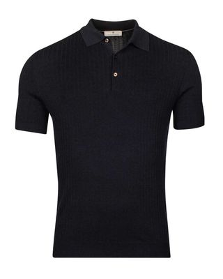 Navy poloshirt met korte mouw van Thomas Maine, ribstructuur en knoopsluiting