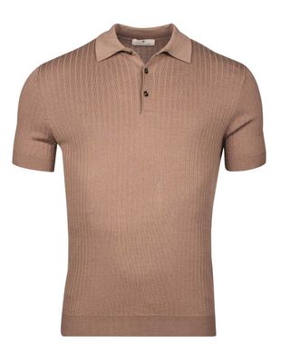 Goudbruine ribgebreide polo van Thomas Maine met korte mouw en polokraag