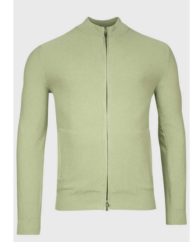 Groen piquégebreid vest met rits van Thomas Maine, garment dyed