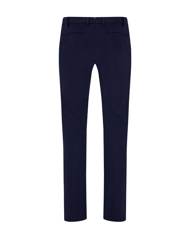Achteraanzicht van de Berwich Morello lange broek in navy met paspelzakken