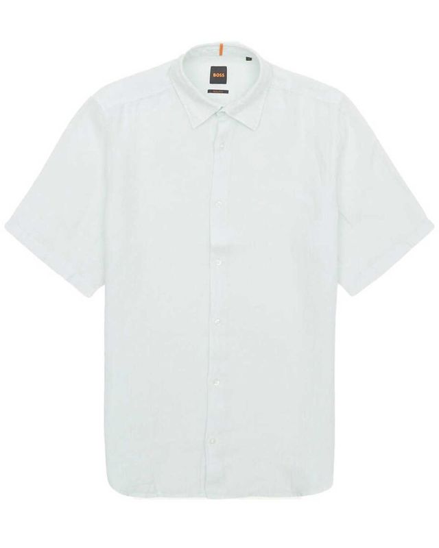 Mintgroen Hugo Boss overhemd van 100% linnen met korte mouwen en Kent-kraag

