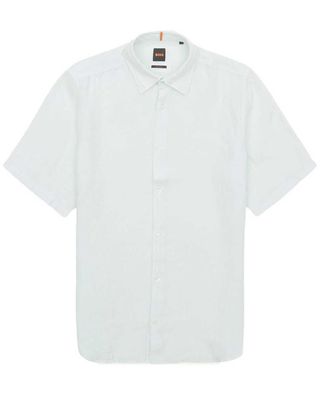 Mintgroen Hugo Boss overhemd van 100% linnen met korte mouwen en Kent-kraag

