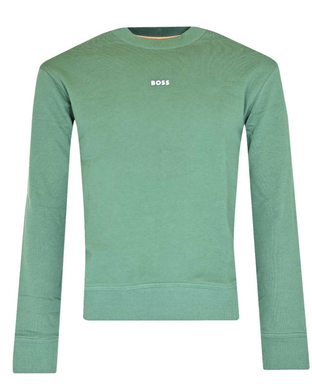 Groene Hugo Boss pullover van 100% katoen met subtiel logo op de borst en ribgebreide boorden

