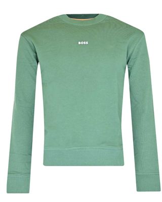 Groene Hugo Boss pullover van 100% katoen met subtiel logo op de borst en ribgebreide boorden

