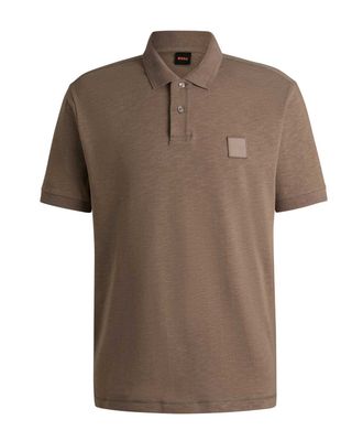 Chocoladebruine Hugo Boss polo met korte mouwen, slub jersey in katoen-linnenmix

