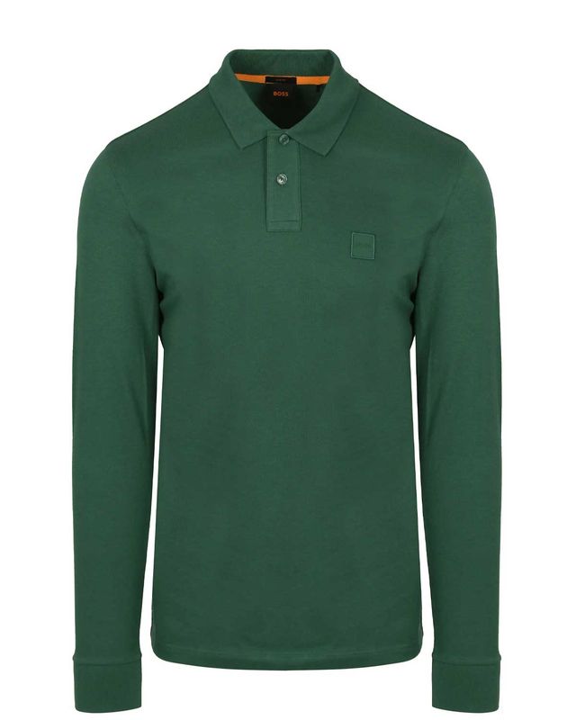 Groene Hugo Boss Passerby langemouw polo met ton-sur-ton logopatch en klassieke kraag

