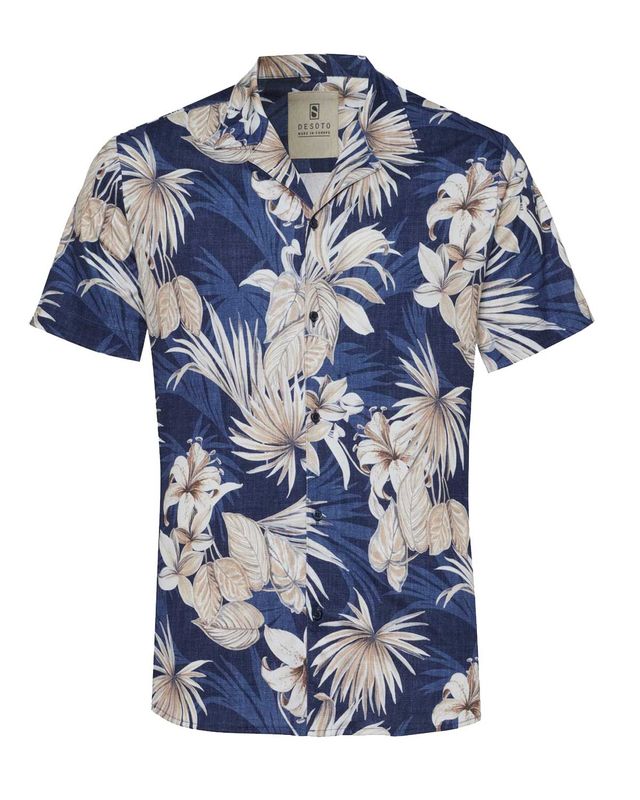 Desoto resortshirt met korte mouwen in donkerblauwe tropische print van jersey katoen

