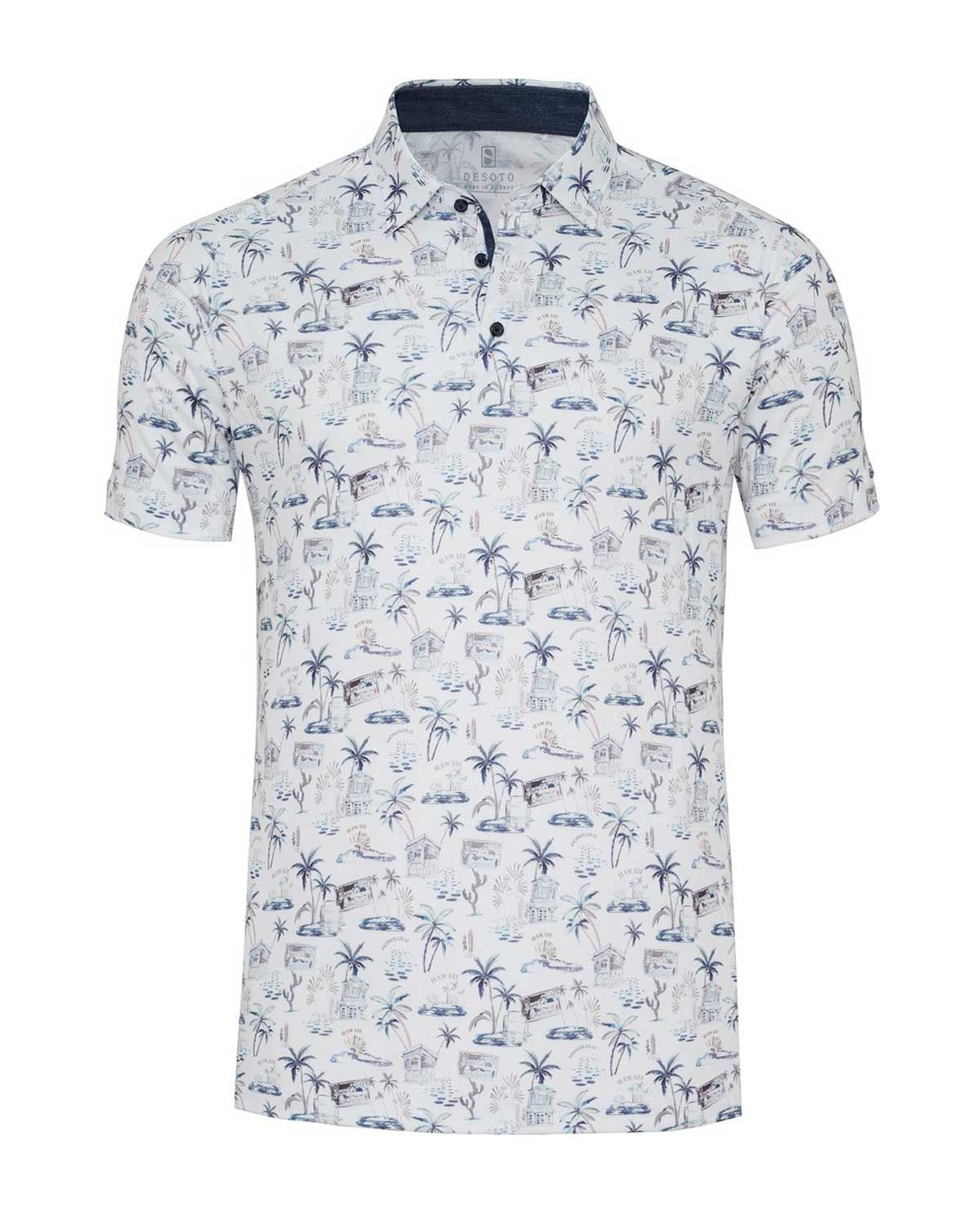 Witte Desoto jersey polo met Hawaii-print, Kent-kraag en raglanmouwen